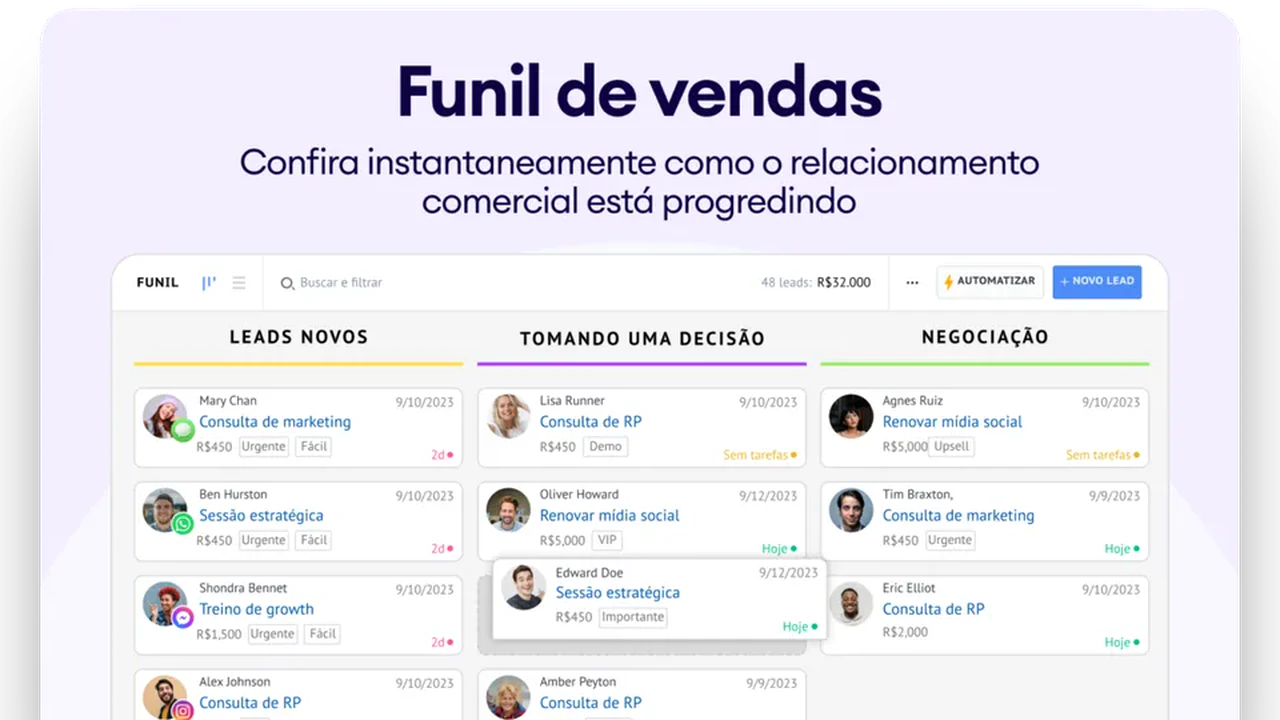 Visão de funil comercial em um projeto Kommo